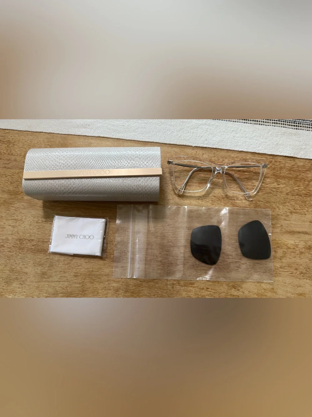 Jimmy Choo Clear Frame Sunglasses with Beige Textured Case